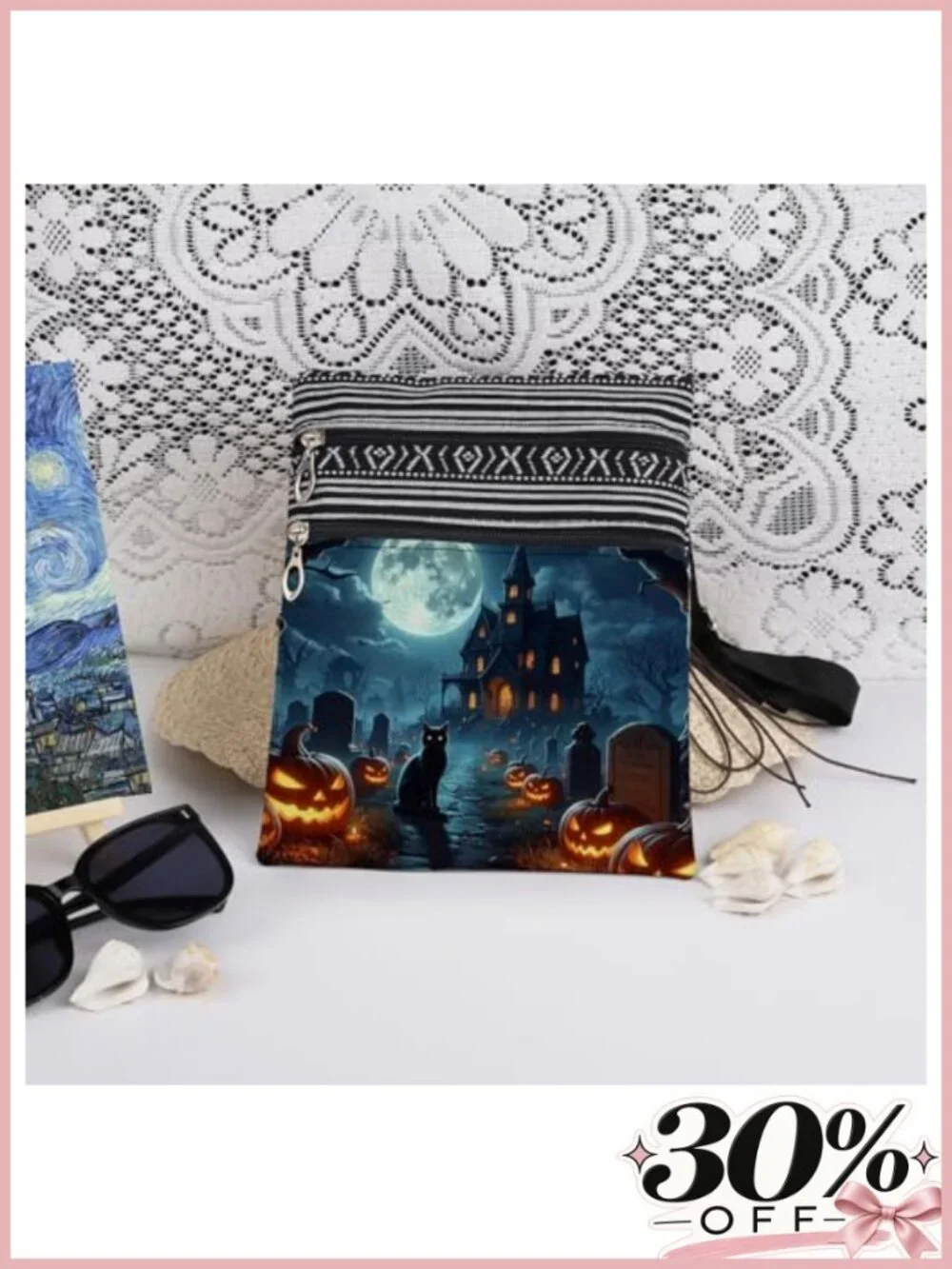 Halloween Crossbody Bag Black Cat Haunted Mansion Graveyard Full Moon Bats